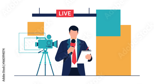 A news reporter holding a microphone and notepad, ready to broadcast live with a camera and studio backdrop.