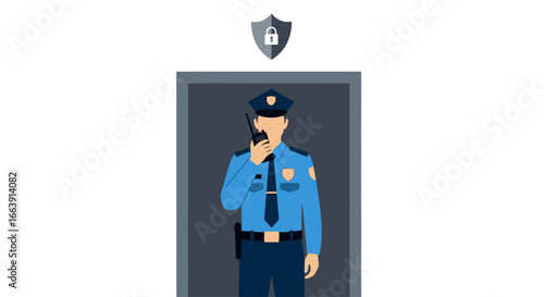 A uniformed security guard stands at an open doorway, holding a walkie-talkie, with a shield and lock icon symbolizing protection above.