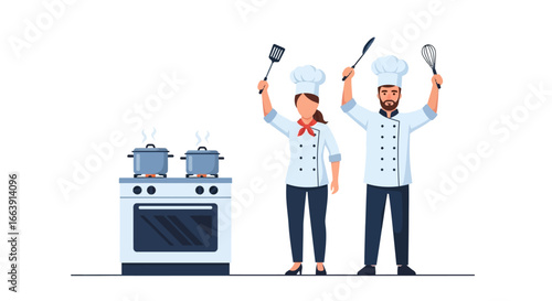 Two jubilant chefs, in full uniform, proudly display cooking utensils above a stove with simmering pots.