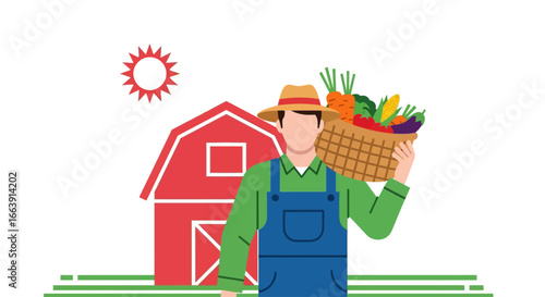 A male farmer in overalls holds a wicker basket filled with fresh, colorful vegetables in front of a red barn under a bright sun.