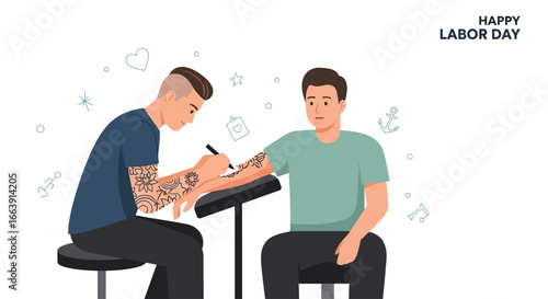 A skilled tattoo artist carefully inks a design onto a client's forearm, celebrating a profession for Labor Day.