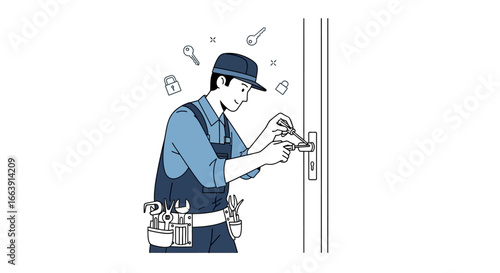 A skilled locksmith in blue overalls and a cap is expertly repairing a door lock with tools, surrounded by floating keys.
