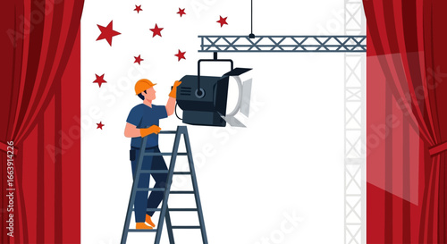 A stagehand in a hard hat adjusts a spotlight on a ladder, framed by red curtains and a starry backdrop, preparing for a performance.