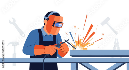 An illustration depicting a professional welder in protective gear, actively joining metal pieces with a welding torch, generating bright sparks.