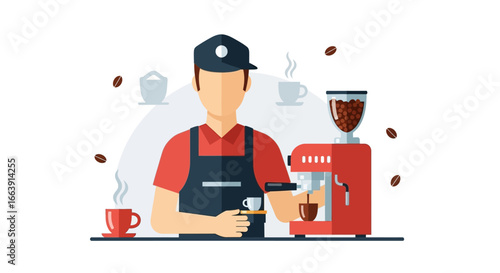 A barista in an apron and cap prepares a fresh cup of espresso using a red coffee machine.