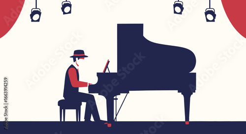 A stylish man in a fedora and vest plays a grand piano on a stage under spotlights with red curtains.