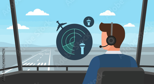 An air traffic controller monitors airport operations from a control tower, with a radar display showing aircraft.