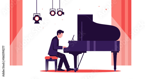 A male pianist in a suit performs on a grand piano under stage spotlights with red curtains.