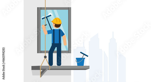 A professional window cleaner in a hard hat and overalls is suspended by ropes, meticulously cleaning a tall building's exterior window with a squeegee.