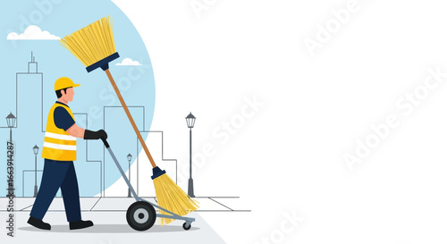 A male sanitation worker in uniform pushes a cart carrying two large brooms on a city street.