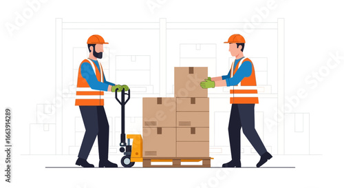 Two warehouse workers in safety gear are moving and stacking cardboard boxes on a wooden pallet with a pallet jack.