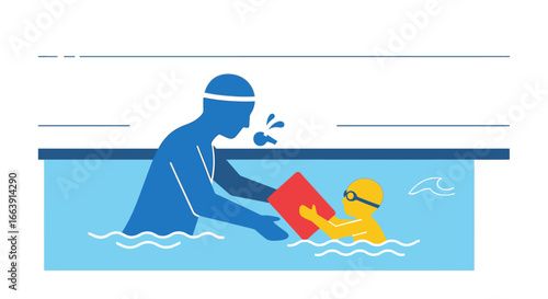 A swimming instructor in blue, wearing a cap and whistle, teaches a young child in yellow to swim in a pool, holding a red kickboard.