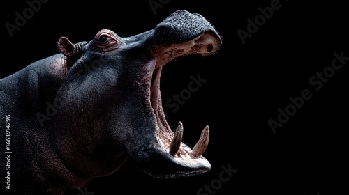 A side view of a large, dark hippopotamus with its mouth wide open, tusk showing, against a stark black backdrop