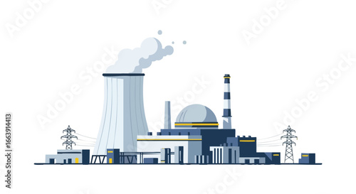 Stylized illustration of a nuclear power plant conveying energy production, emissions, and infrastructure depiction
