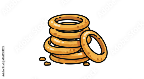 A delightful illustration of a stack of crispy onion rings with inviting warm tones and delectable simplicity for culinary designs