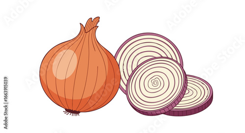 Illustration of a vibrant brown onion alongside a stack of sliced red onions on a plain white backdrop, designed for culinary and healthy eating