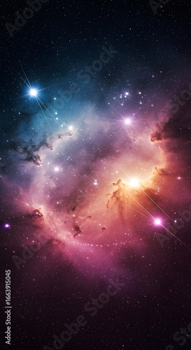 A vibrant and colorful nebula in the vast expanse of space. The cosmic gas and dust create a stunning display of colors and light