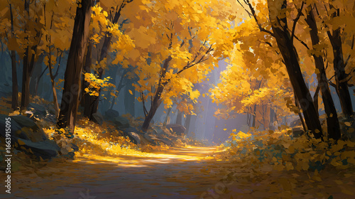 Golden Ginkgo Trees in Autumn Park