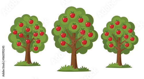 Whimsical Orchard of Apple Trees: A Sweet Harvest Illustration on a Clean White Background