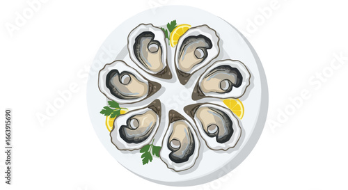 Elegant oyster arrangement on a white plate with citrus garnish adds luxury and taste, a celebration of seafood dining and culinary excellence