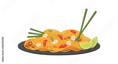 Illustration of Asian noodles on a black plate with green onions chopsticks and lime wedges for a promotional culinary material
