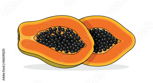 Papaya halves revealing their seeds, a vibrant illustration of tropical freshness and exotic fruit delight displaying vivid colors and clean lines,
