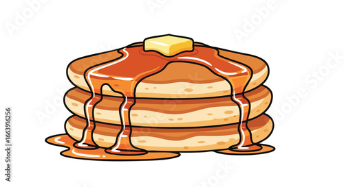 A cartoonish stack of pancakes, drenched in syrupy goodness and crowned with melting butter, showcasing breakfast indulgence and sweet temptation