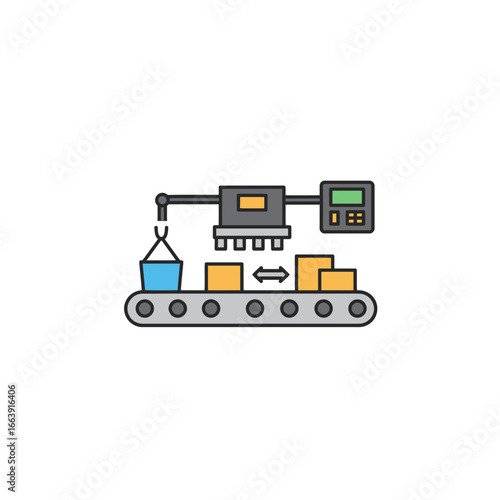 Automated process with conveyor belt, robot arm lifting bucket and boxes in production line scenario. Concept for manufacturing automation, industrial engineering and supply chain management