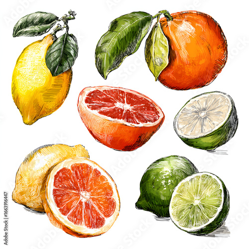 Colorful assortment of citrus fruits displayed in a grid on a white background