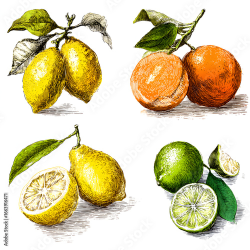Colorful assortment of citrus fruits displayed in a grid on a white background