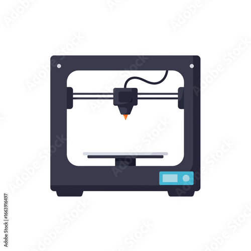 Isometric view of a black 3D printer with printing nozzle accurately crafting on a white printing bed, concept for rapid prototyping, custom fabrication, and educational technology