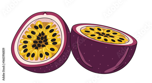 Detailed illustration showcasing halved passion fruit with pulp, seeds, and outer shell for culinary or design projects featuring unique fruits