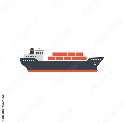 Minimalist vector illustration of a cargo ship loaded with containers on the water. Concept for global trade logistics, international shipping industry and import export operations