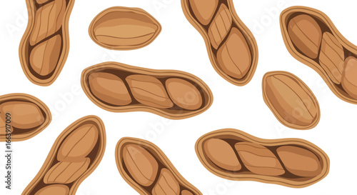 Animated vector illustration capturing the delightful composition of peanuts scattered across a stark white background, perfect for food designs