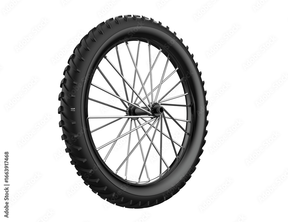 Naklejka premium HD 3D Render: Aggressive Off-Road Dirt Bike Wheel. Isolated, Highly Detailed Spoked Motorcycle Tire with Knobby Tread and Silver Spokes. Perfect for Extreme Sports and Vehicle Design Projects.