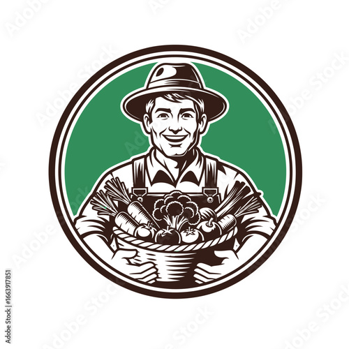 Farmer proudly displays a basket brimming with fresh, homegrown vegetables.