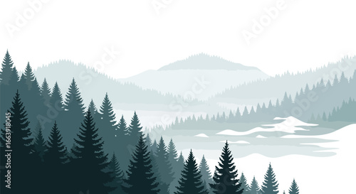 Layered mountains and evergreen forests in muted tones creating a serene and peaceful scenic view, evoking the tranquility of untouched wilderness