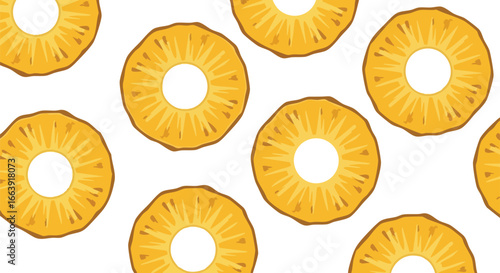 Seamless Pineapple Slice Pattern on White Background offering a tropical vibe with vibrant yellow and textured elements, suitable for various
