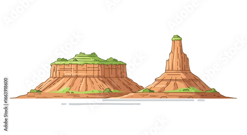 Stylized desert landscape illustration featuring two prominent mesas with sparse greenery evoking a sense of arid vastness and natural formations