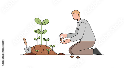 Illustration depicting the act of planting seeds and cultivating growth with an individual engaging in gardening activities