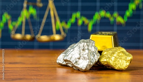 Gold and silver ingots rest on a table, juxtaposed with antique-style scales and a financial market chart, suggesting economic and precious metal valuation.