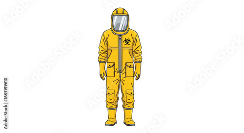 Illustration of a person in a yellow hazmat suit symbolizing protection and safety measures, health safety professional standing in protective gear