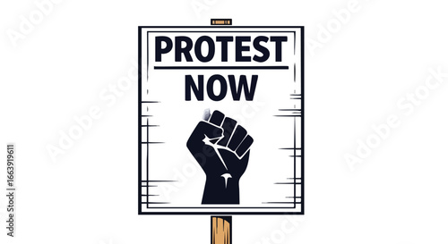 Symbolic representation of societal unrest, featuring a protest sign with a bold demand for immediate change and a raised fist representing