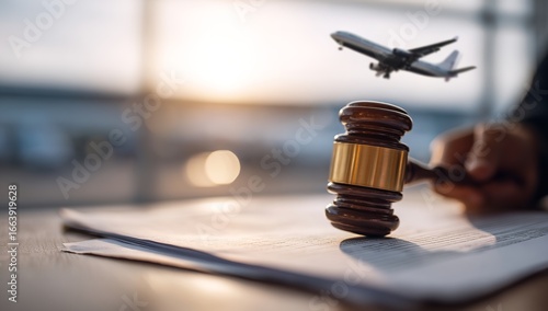 Wooden Gavel on Airplane Flight Deck with Legal Documents and Blurred Aircraft in Airport Background