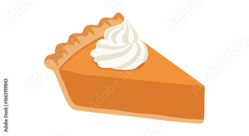 Illustration of classic pumpkin pie slice with whipped cream, celebrating autumnal flavors and holiday traditions, set on a clean white background