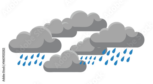 Stylized digital illustration featuring grey storm clouds releasing blue raindrops on a clean white background