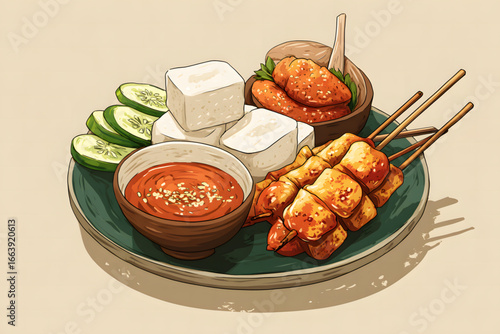 Delicious assortment of grilled skewers, tofu, and dipping sauce served on a round plate