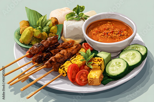 Delicious assortment of grilled skewers, tofu, and dipping sauce served on a round plate
