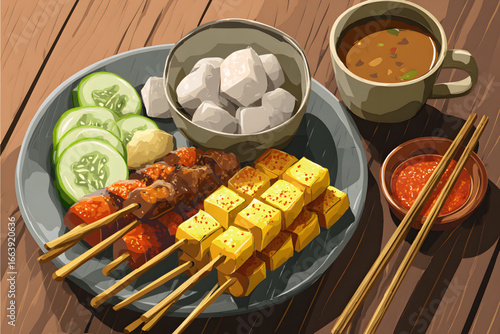 Delicious assortment of grilled skewers, tofu, and dipping sauce served on a round plate