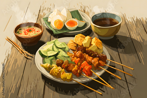 Delicious assortment of grilled skewers, tofu, and dipping sauce served on a round plate